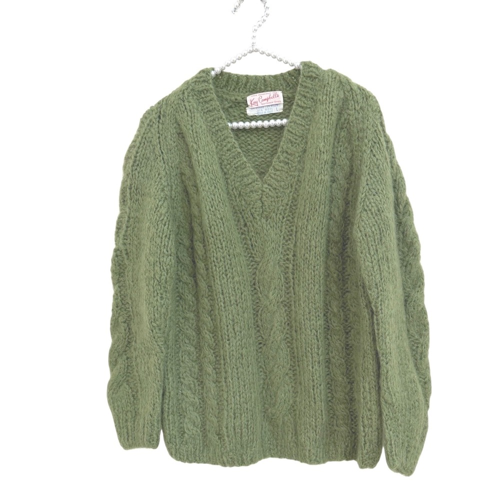 Vintage 60s Kay Campbell's Chunky Mohair Wool Cable Knit Sweater Green Italy L